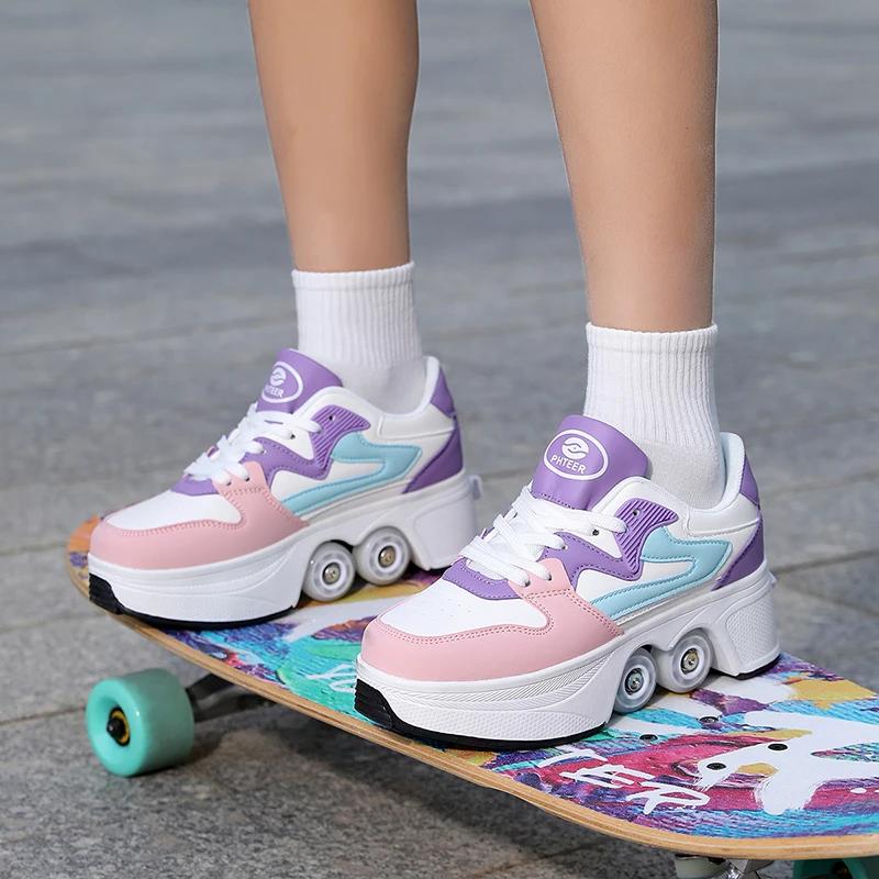 Chaussures à roulettes pour enfants avec 4 roues, patins à roulettes, chaussures de parkour déformab