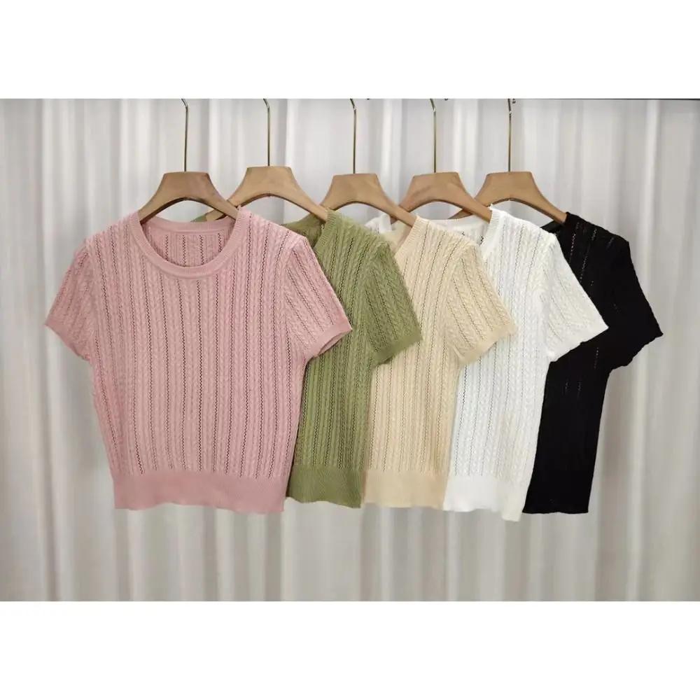 T-shirt tricoté élégant à points torsadés, chemise creuse en soie glacée à manches courtes, haut d'é