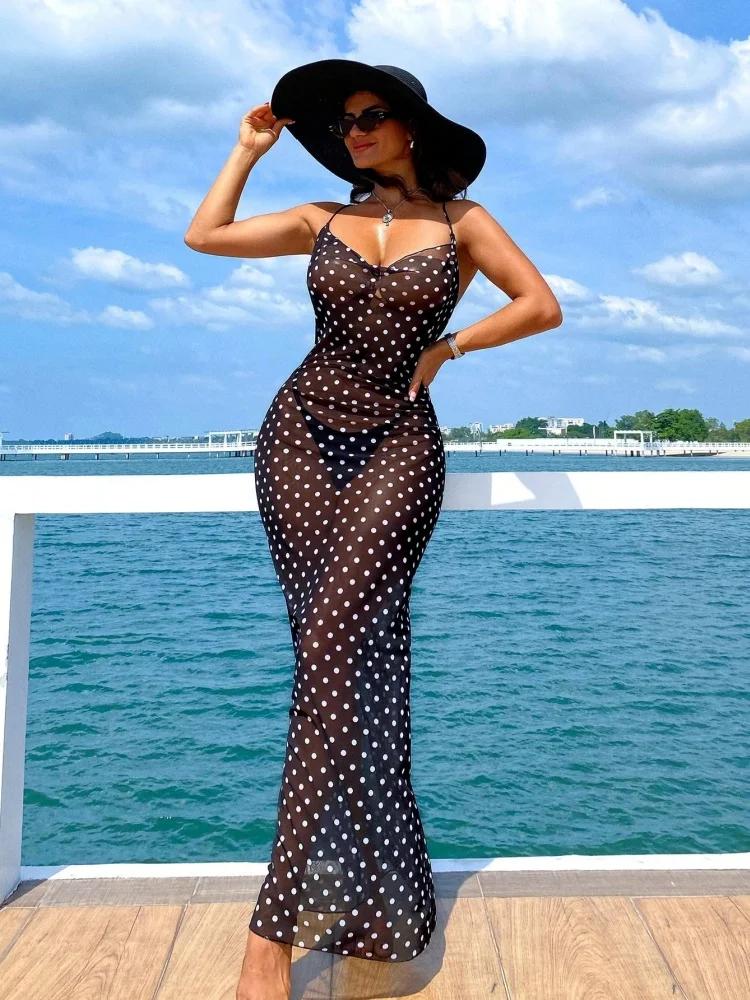 Maillot de bain une pièce 2026 NOUVEAU Noir à pois, sexy, en maille semi-transparente, avec jupe lon