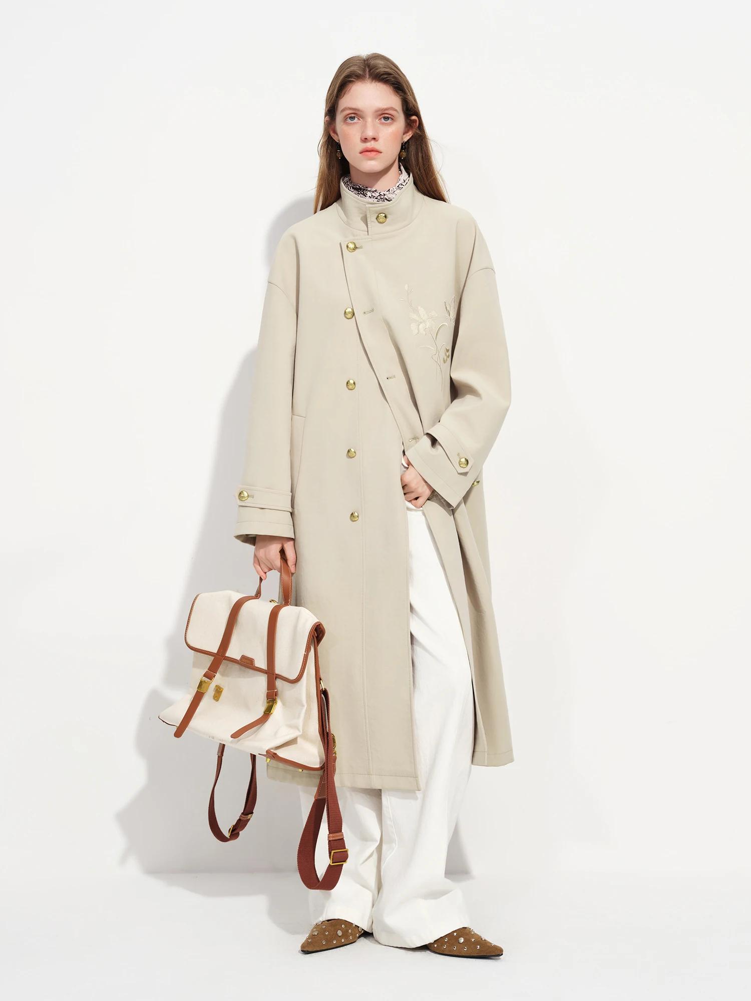 Manteau long kaki FSLE brodé de style chinois à col montant classique pour femme, collection Printem