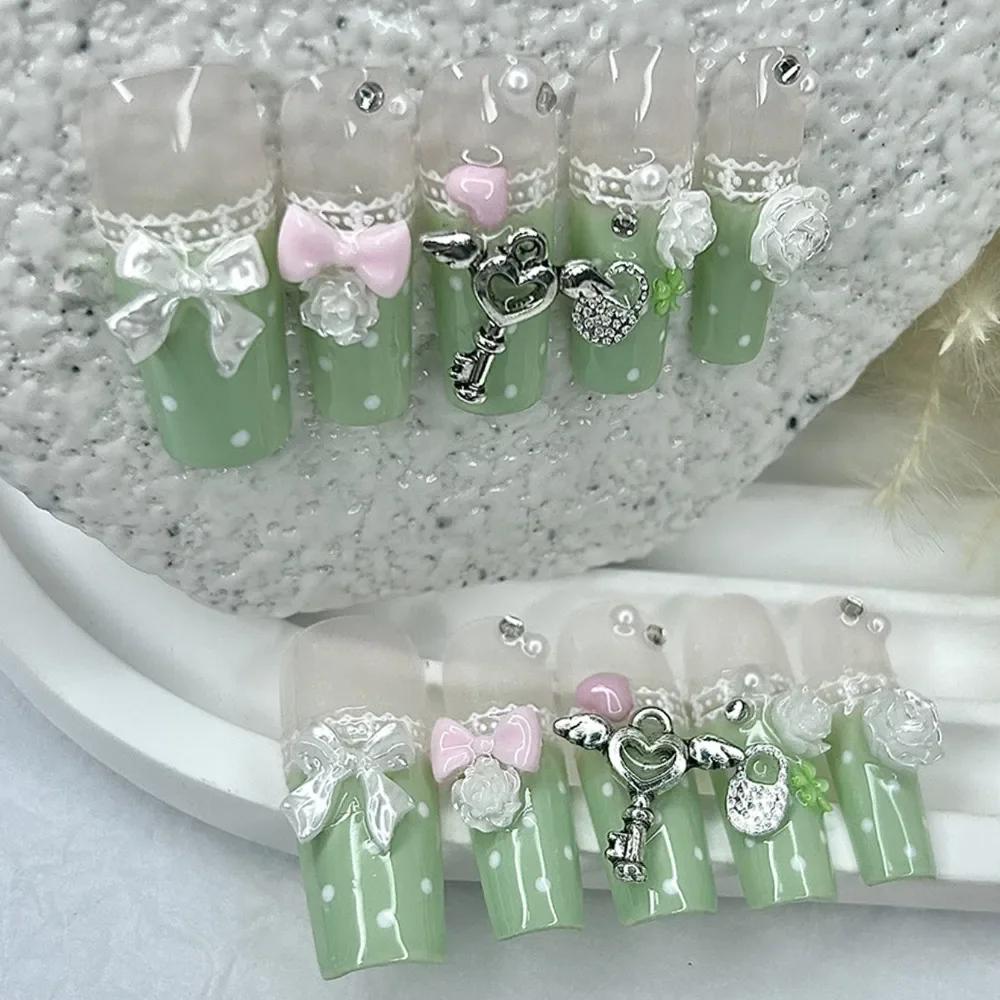 Y2K Vintage Gyaru français dentelle longue à la main presse sur les ongles arc perle à pois trèfle f