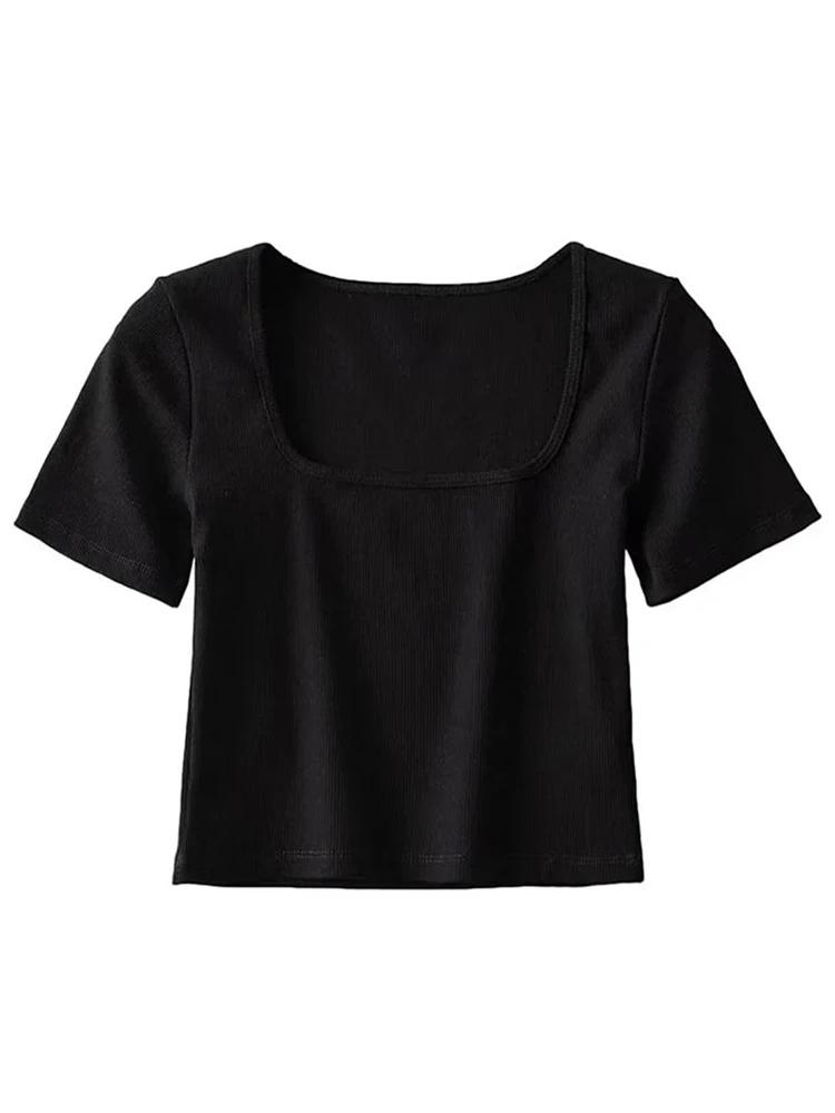 T-shirt court côtelé à col carré pour femmes, haut court à manches courtes