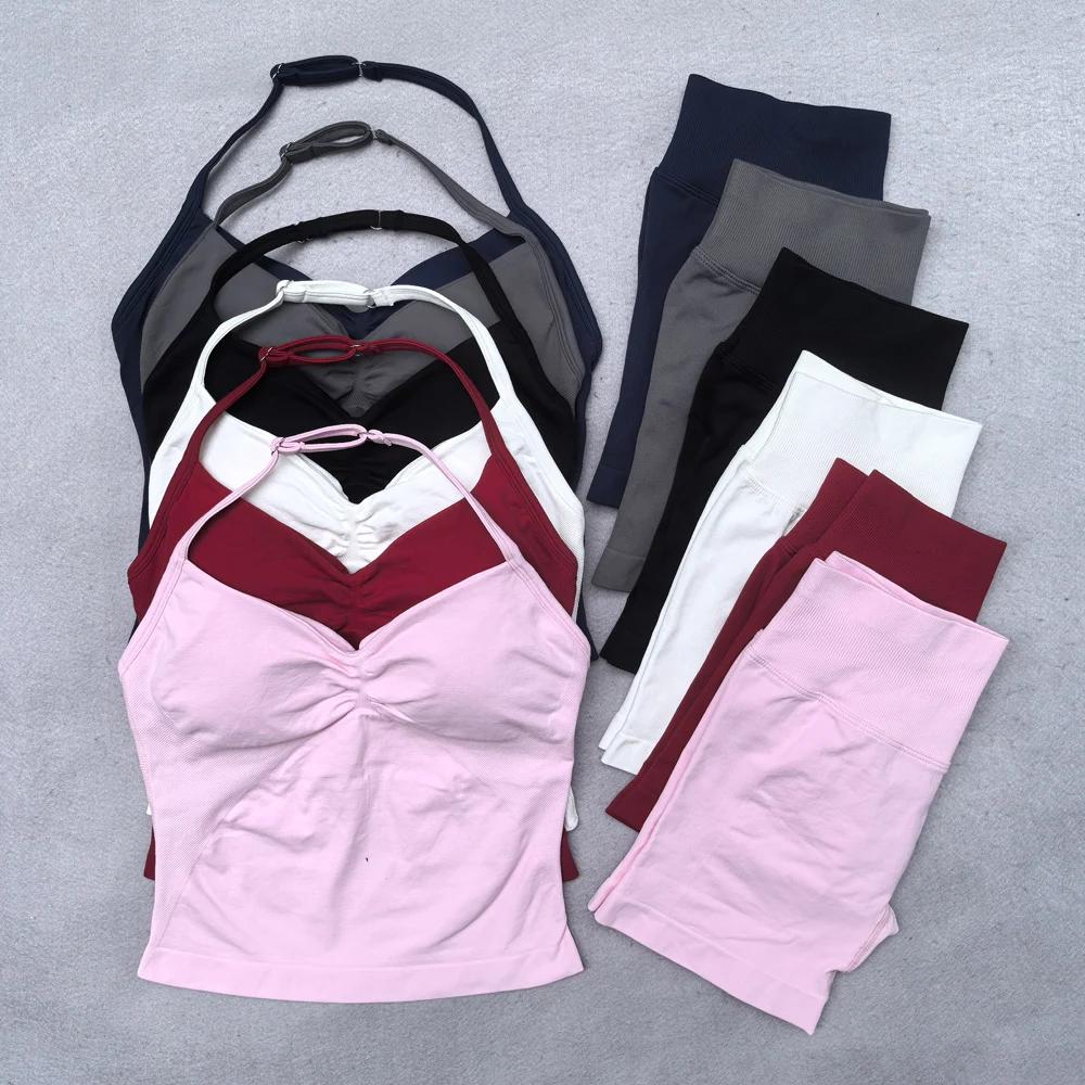 Ensemble de Yoga sans couture pour femmes, 2 pièces, débardeur rembourré, col licou, froissé, levage