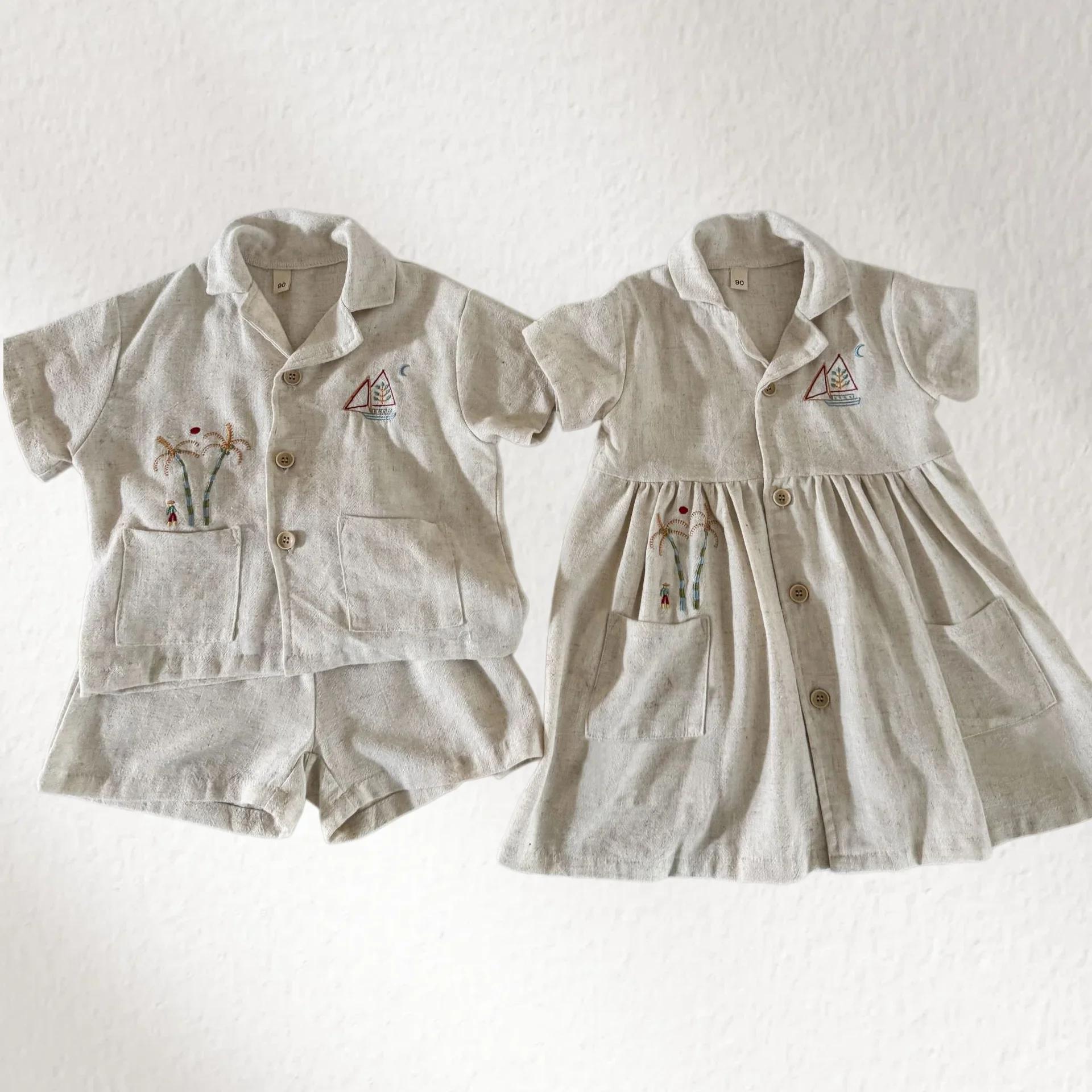 Nouvel ensemble d'été pour enfants style vacances : Robe trapèze en lin brodée bateau à voile pour f