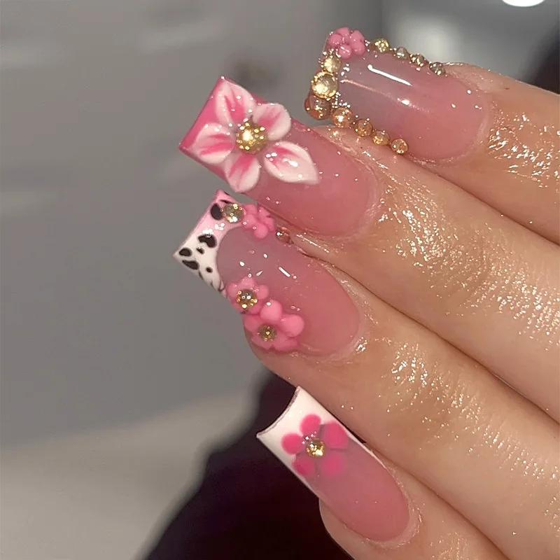 24 pièces Simple blanc français faux ongles Art mignon fleur conception ongles conseils strass court
