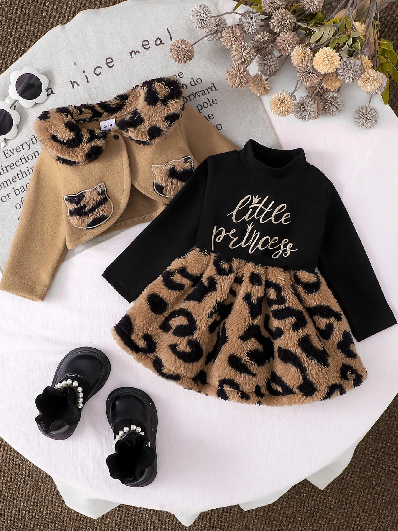 Ensemble robe en peluche à imprimé léopard + manteau court à revers pour bébé fille, ensemble deux p