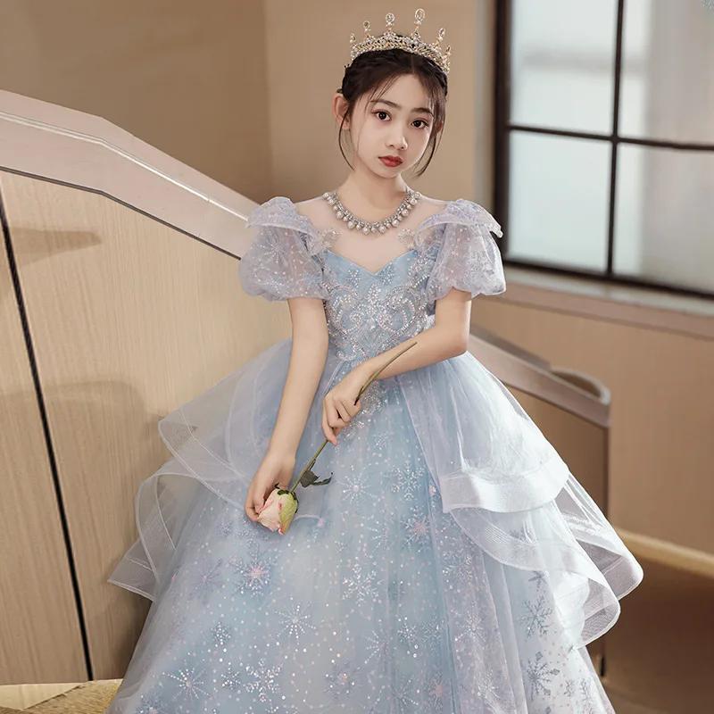 Robe de princesse bleue haut de gamme pour filles, robe de bal bouffante de luxe en Tulle, robe de s