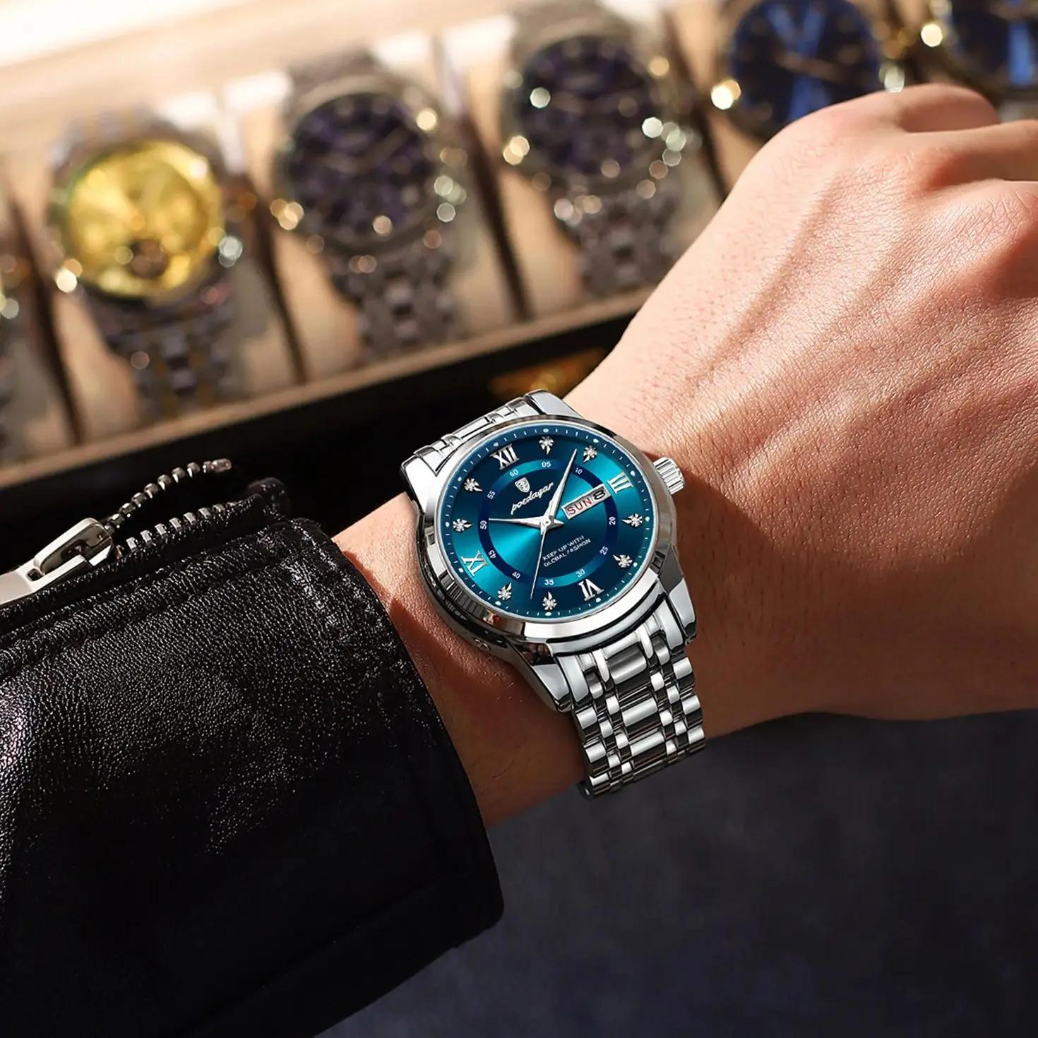 POEDAGAR luxe à la mode homme montre-bracelet étanche en acier inoxydable lumineux hommes montre Dat