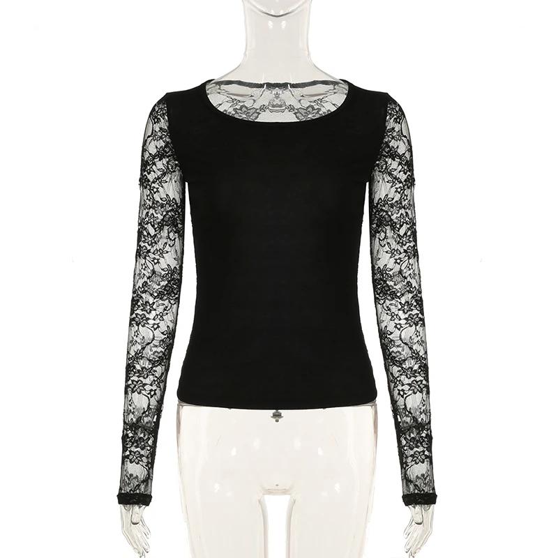 SUCHCUTE noir gothique T-shirt pour femmes Sexy Club dentelle Semi-transparent à manches longues cul