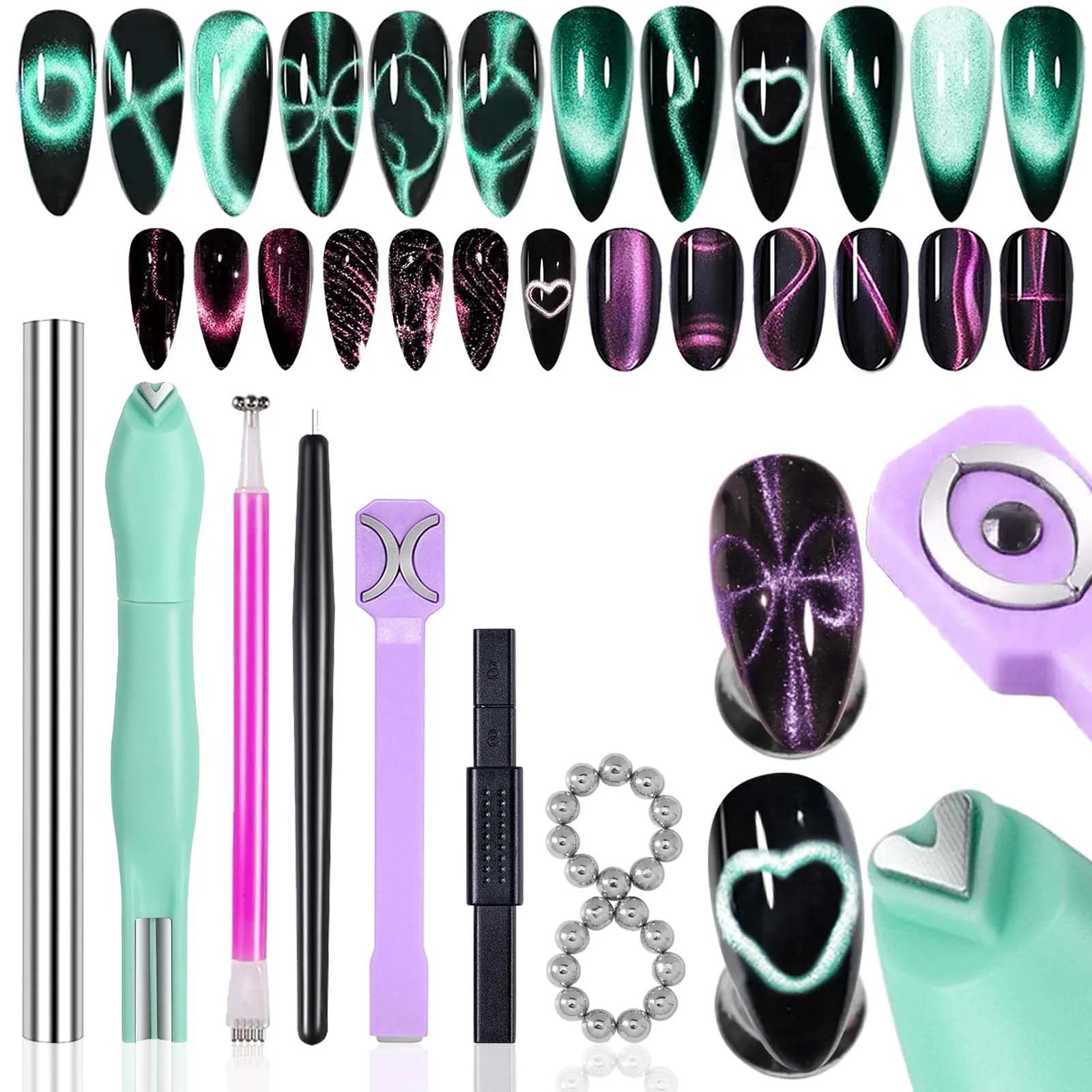 Kit magnétique 3-en-1 pour ongles : stylo magnétique œil de chat, cœur, cylindre, fleur pour nail ar