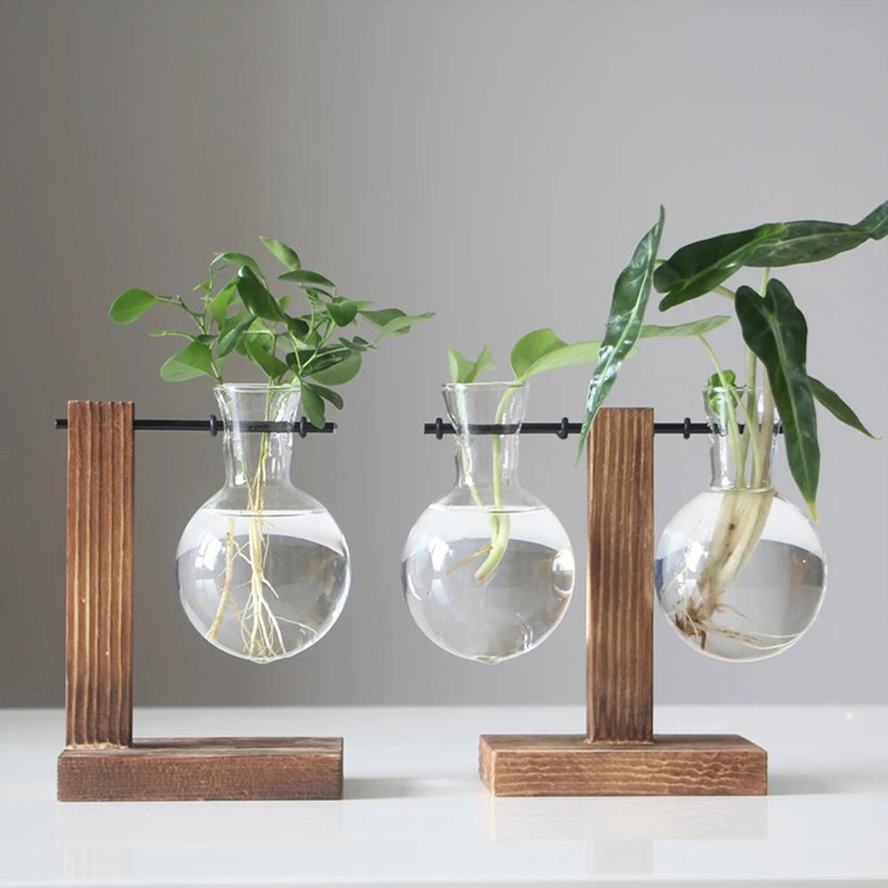 Vase à ampoules de jardinière de bureau en verre créatif, support en bois, conteneur de plantes hydr