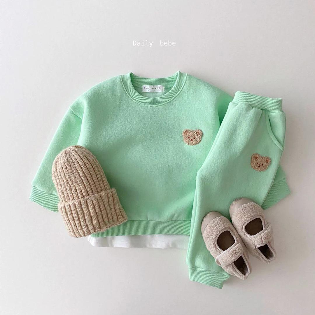 Ensemble de pull en polaire avec broderie d'ours pour fille de 1 à 5 ans, sweat-shirt + pantalon de