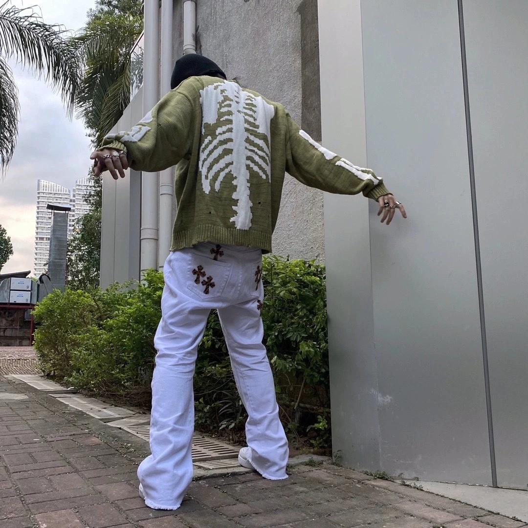 Japon KAPITAL derrière les os trou de squelette vert rétro pull en tricot pull ample pull à manches 