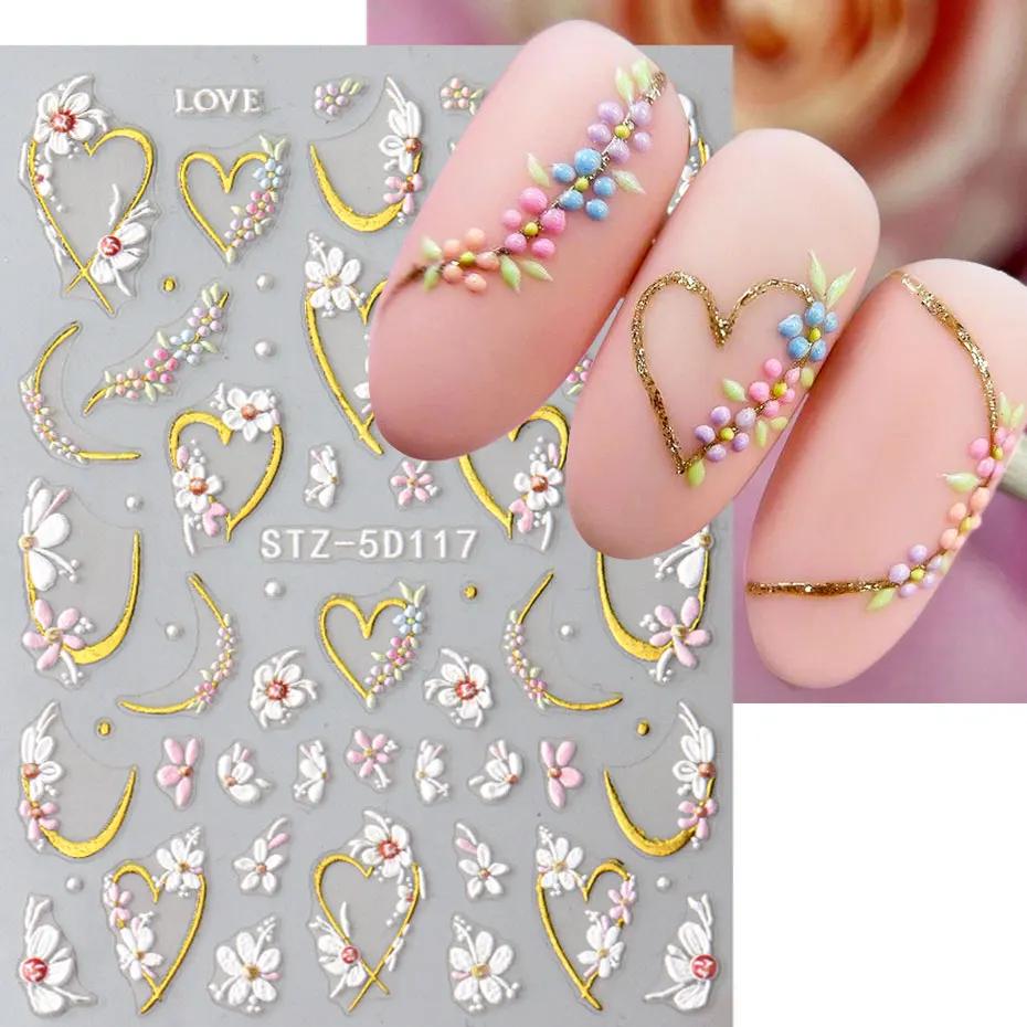 5D en relief Kawaii Floral or ligne curseurs printemps fleurs blanches ongles autocollants bricolage
