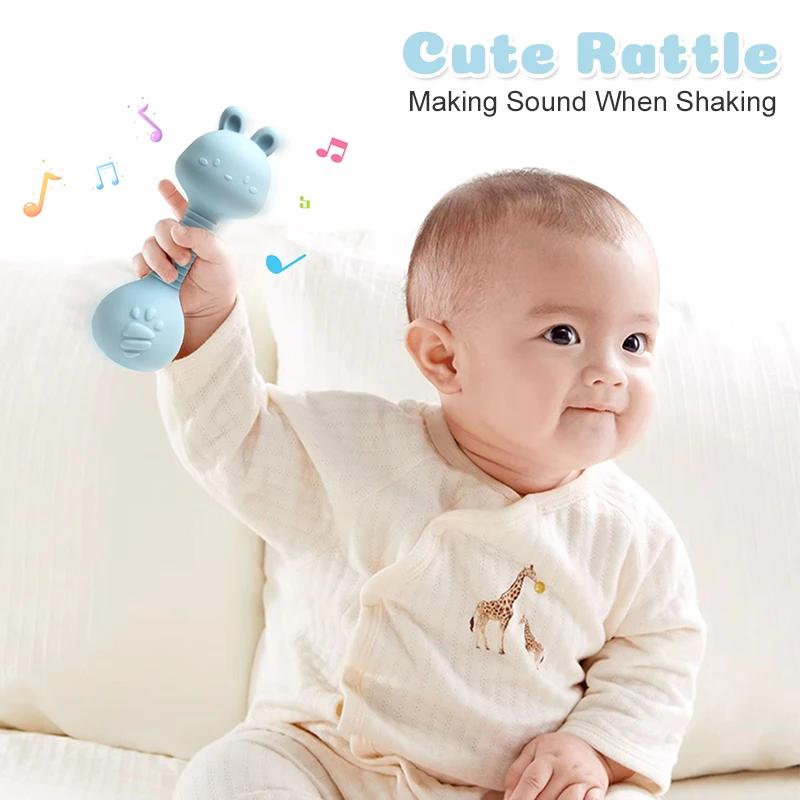 Anneau de dentition hochet en silicone pour bébé lapin de qualité alimentaire – Forme d'haltère pour