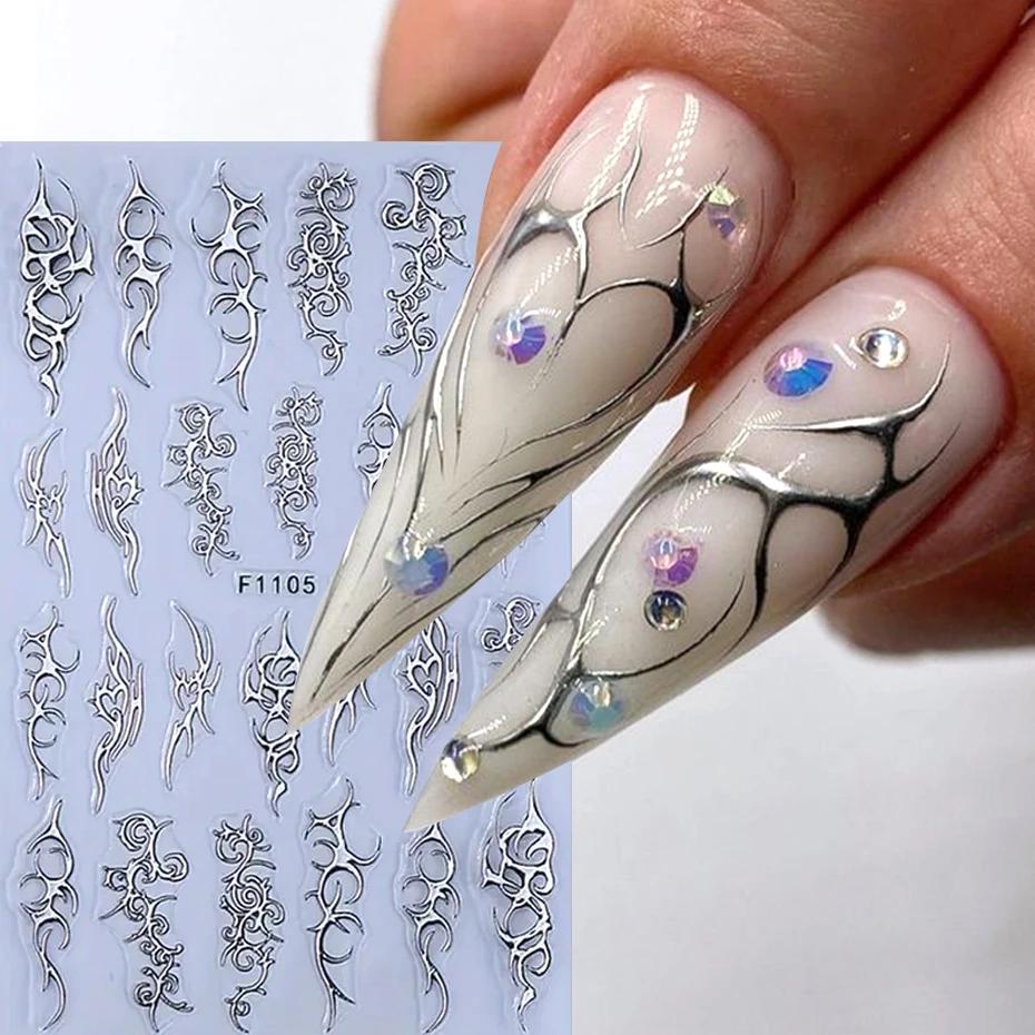 Autocollants métalliques chromés pour Nail Art, 2 pièces, Y2K Punk épines flamme Totem, modèles or a