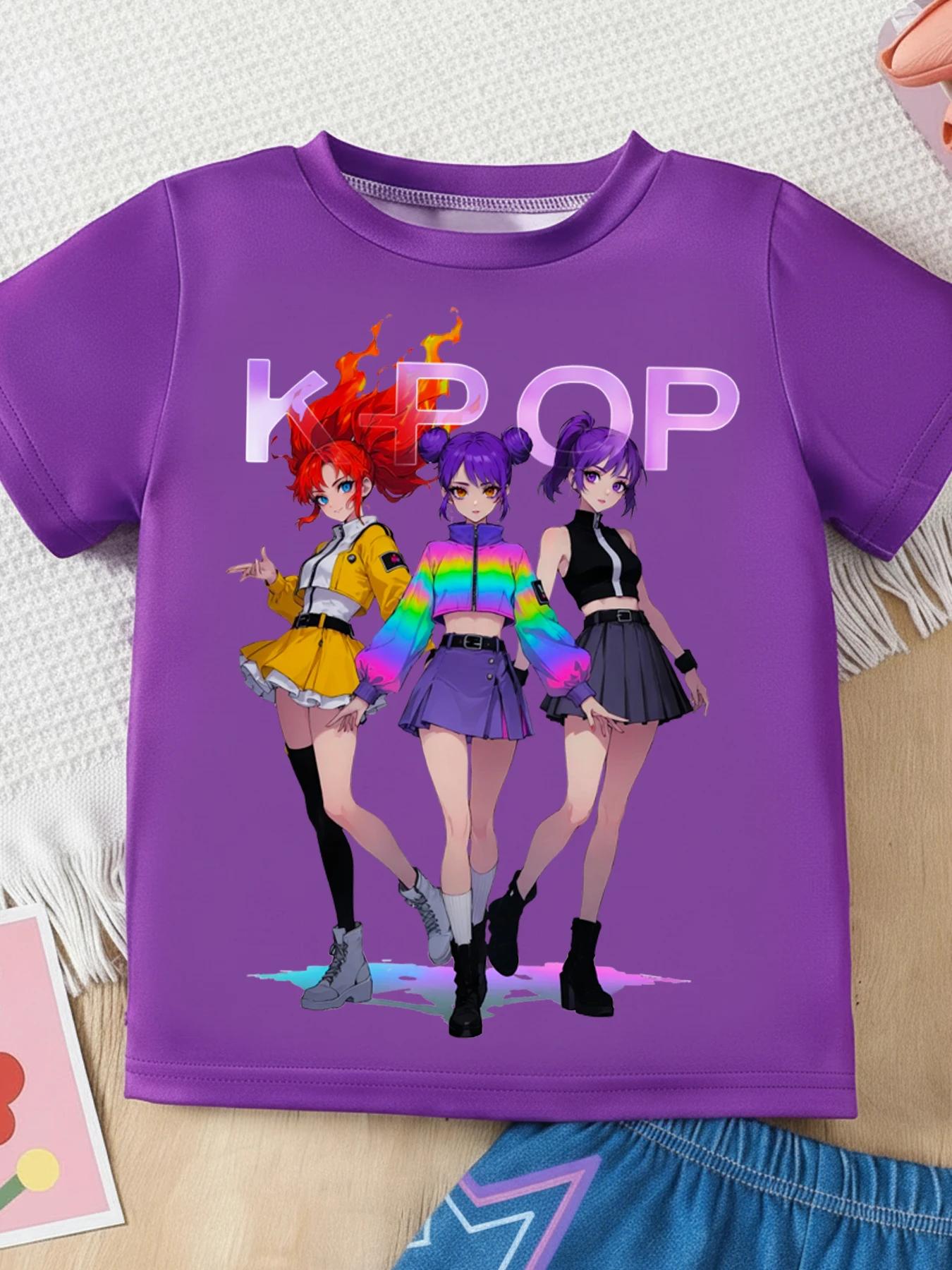 Ensemble décontracté d'été pour filles, 2 pièces, imprimé K-POP Anime, t-shirt à manches courtes et 