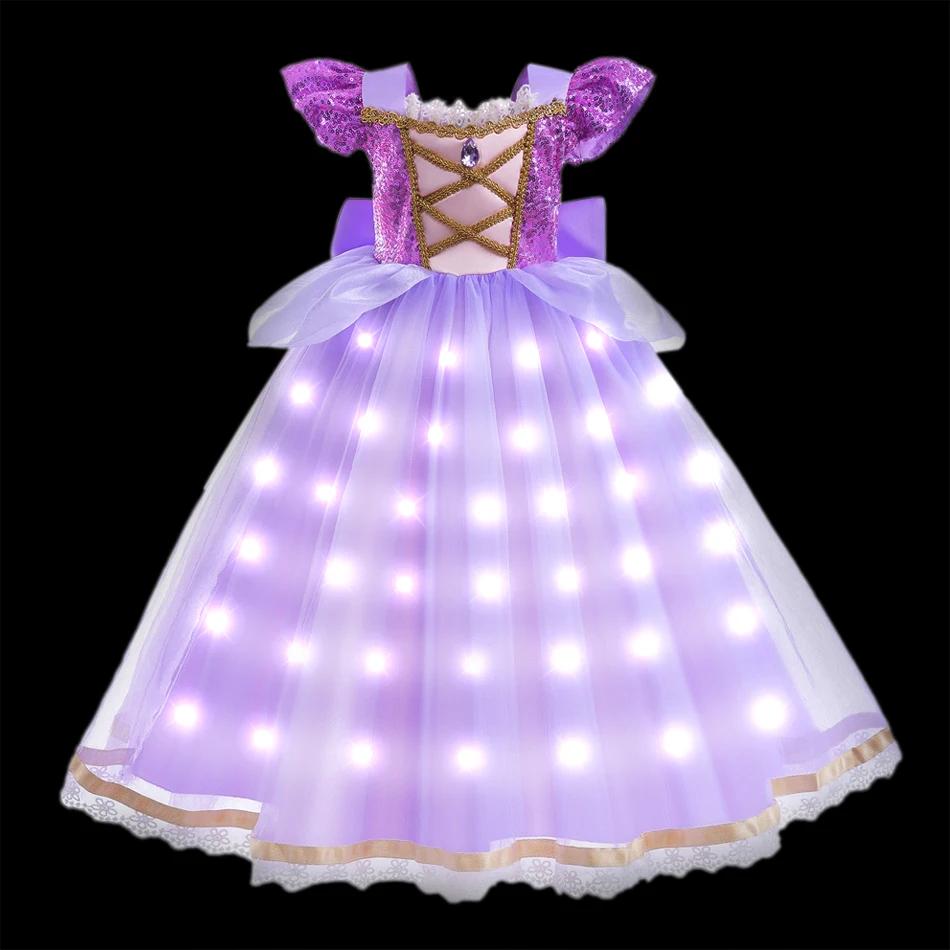 Robe de princesse Elsa Anna pour filles, avec lumière LED, Costume pour enfants, vêtements de fête C