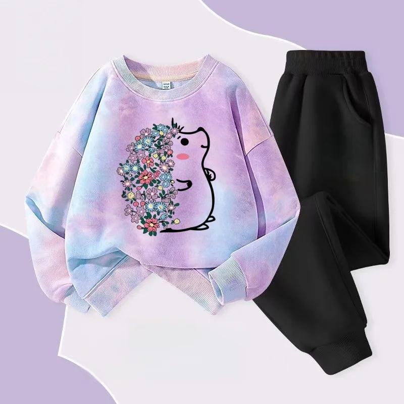Automne bébé fille cravate colorant vêtements ensemble dessin animé imprimé pull sweats haut et pant