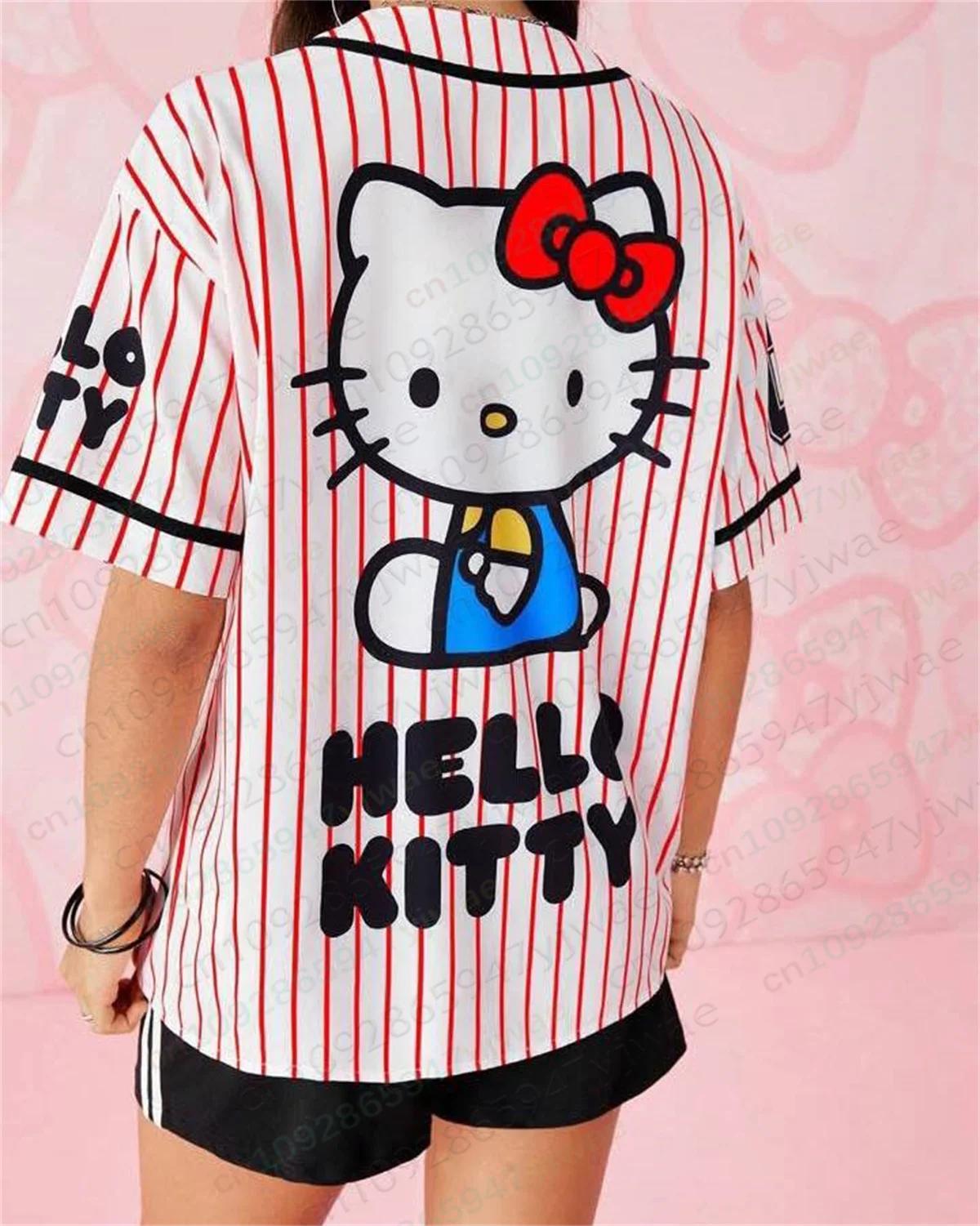 Maillot de baseball Hello Kitty classique à rayures, t-shirt à manches courtes avec motif de dessin 