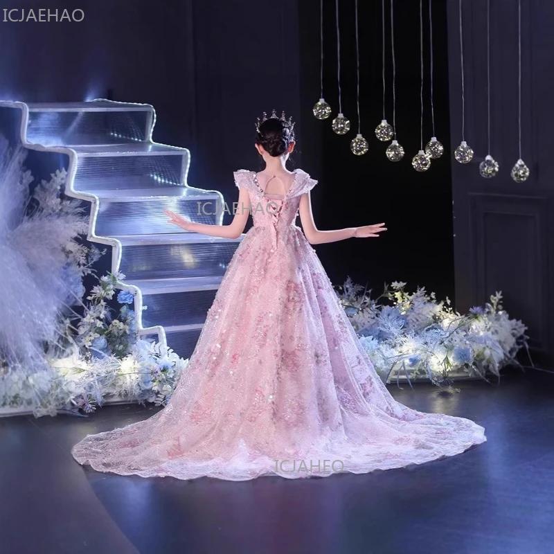 Robe de soirée élégante rose pour filles, style princesse avec traîne, pour petite fille, idéale pou