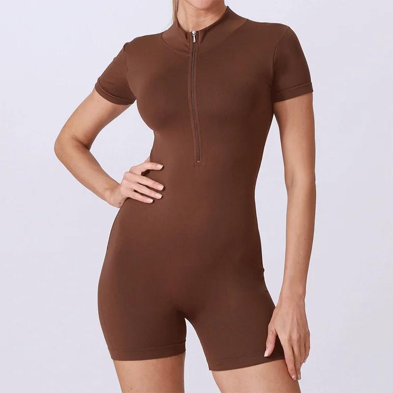 Combinaison d'été à manches courtes avec fermeture éclair, tenue de sport, Fitness, body pour femmes