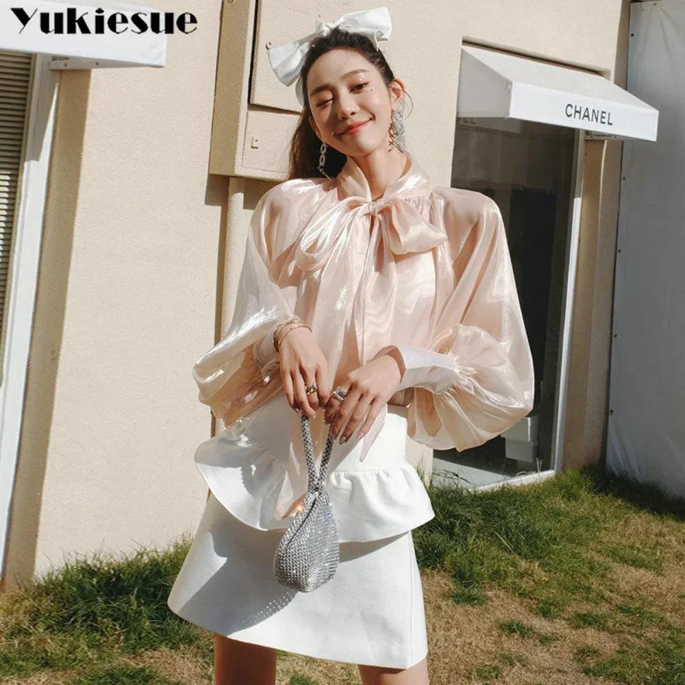 Printemps automne femmes hauts à la mode nouvelles chemises lanterne manches col montant solide déco
