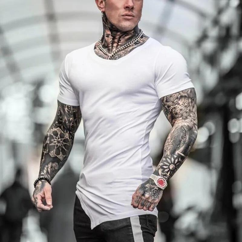 Couleur unie à manches courtes coupe ajustée col en v chemises gymnase musculation Fitness Muscle T-