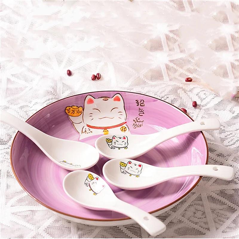 Cuillère à soupe en céramique 14cm, vaisselle japonaise blanche en os de chat porte-bonheur en porce