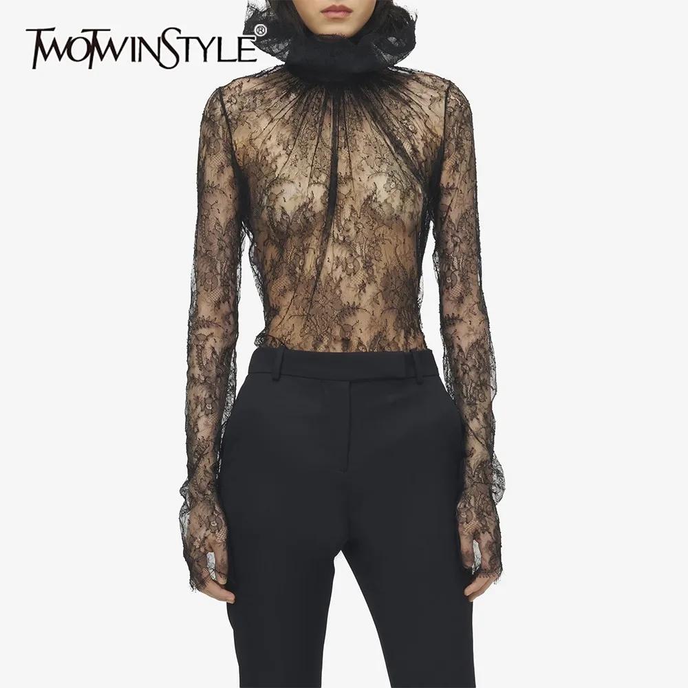TWOTWINSTYLE Chemise chic en dentelle noire à empiècements pour femme, col rond, manches longues, am