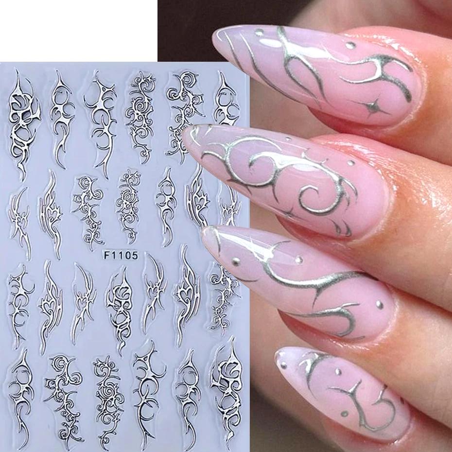 Autocollants métalliques chromés pour Nail Art, 2 pièces, Y2K Punk épines flamme Totem, modèles or a