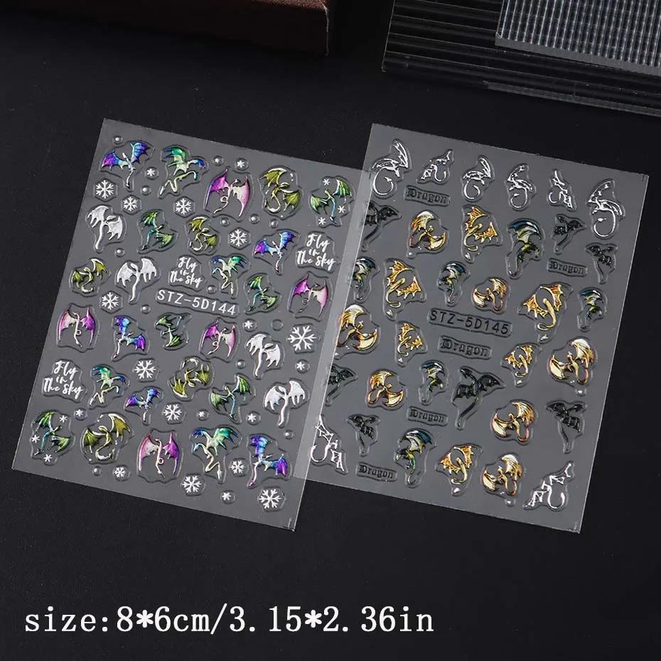 1/2 pièces 5D en relief métallique coloré Dragon ongles autocollants flocons de neige auto-adhésif b