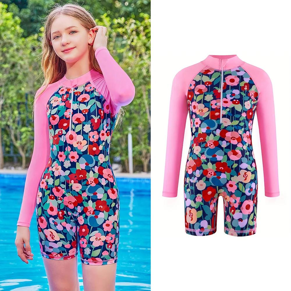 Maillot de bain une pièce à manches longues pour filles mignonnes, imprimé Floral, vêtements d'été p