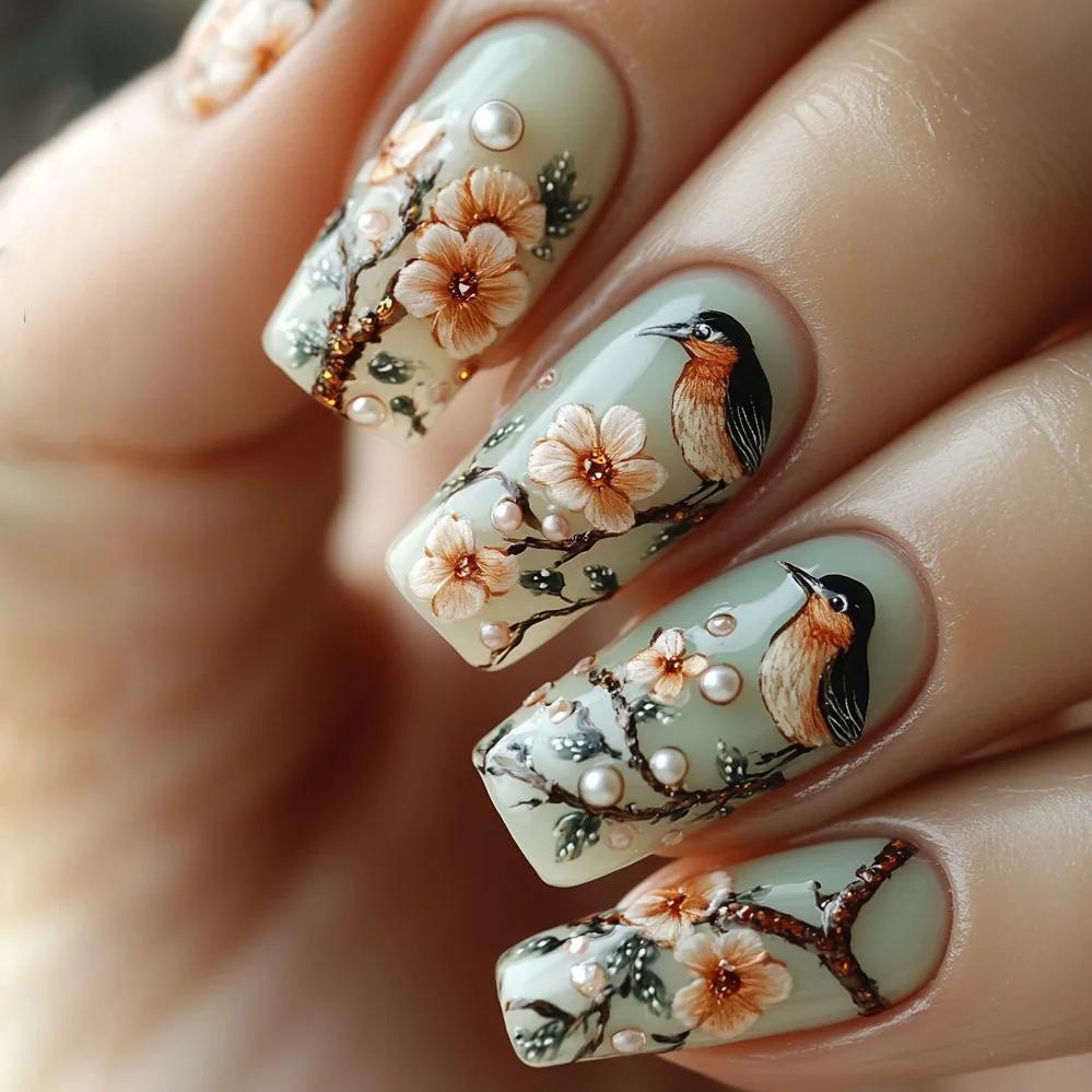 24 pièces ensembles de faux ongles portables fleur rose longue cercueil faux ongles fini mode paille