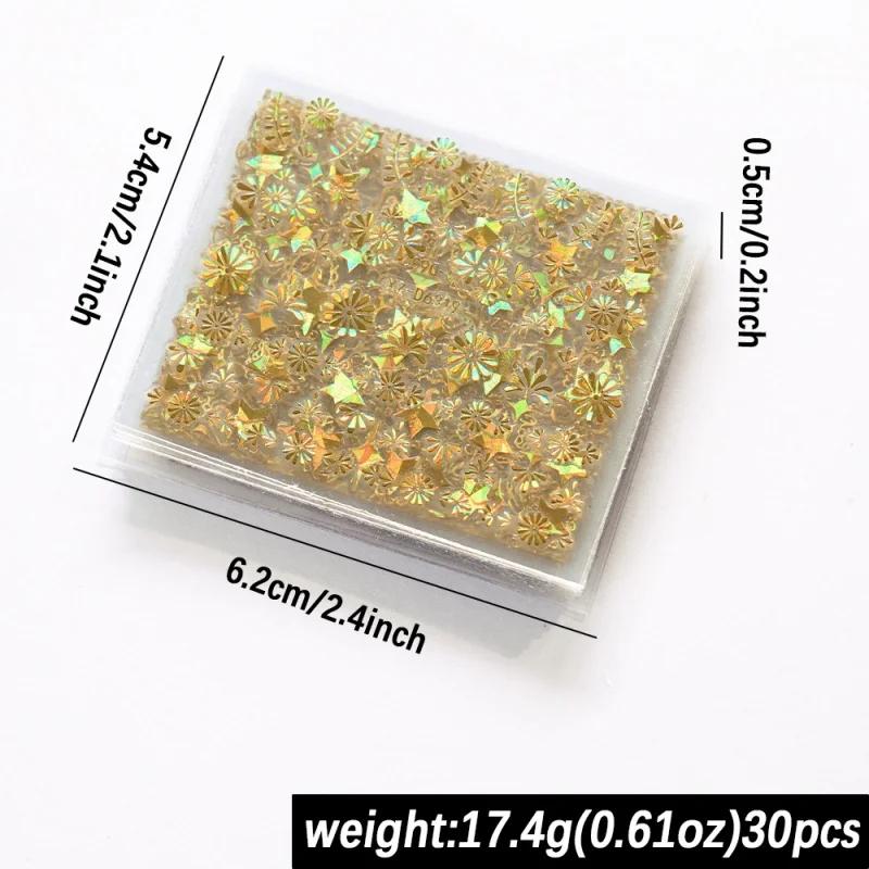 6/30 autocollants pour ongles 3D laser doré rétro, motifs floraux, étoiles, cœurs, feuilles, décorat