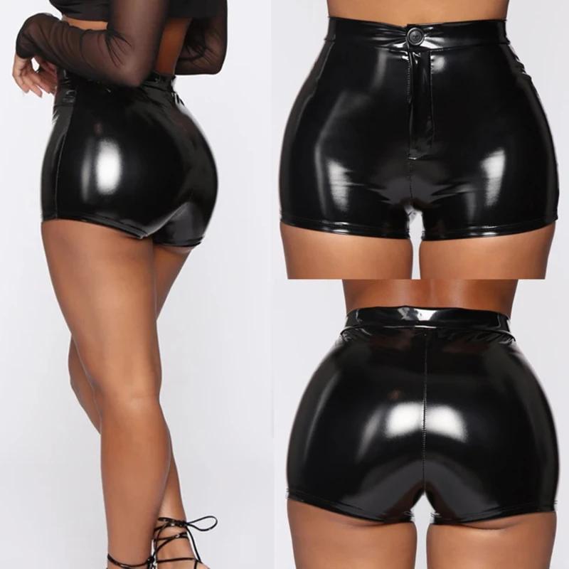 Short taille haute en cuir PU pour femme, short noir solide, bouton de document, olympiques de boîte