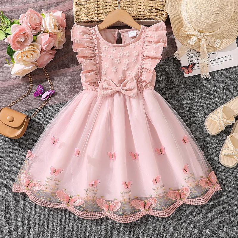 Robe de princesse pour filles de 4 à 7 ans, col rond, manches à ailes, nœud papillon, imprimé Floral