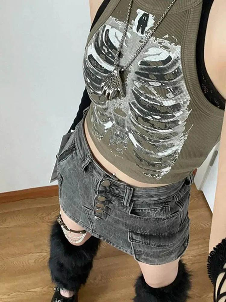 Punk Aesthetic Cyber Retro X-ray Skeleton Print Rib Sleeveless Vest ArmyGreen Crop Top Designer Clot