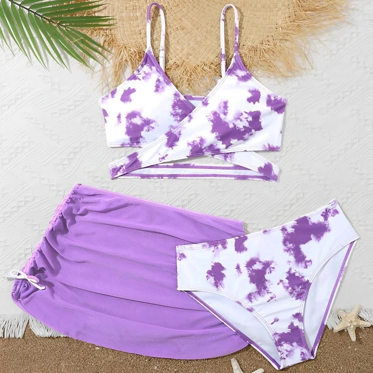 Maillot de bain 3 pièces imprimé Tie-Dye 2026 pour filles avec jupe, maillot de bain pour enfants, t
