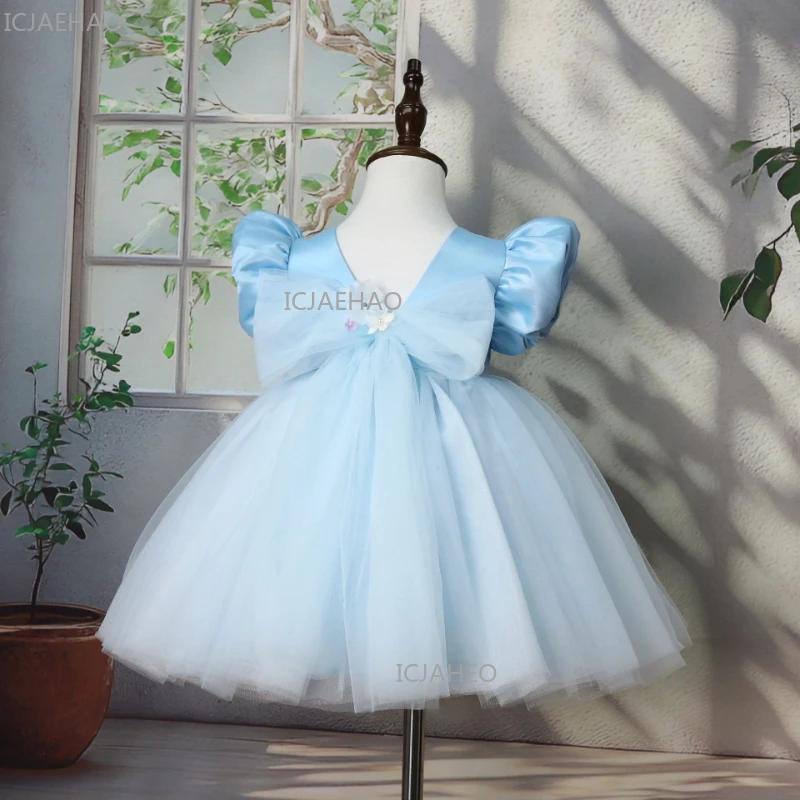 Nouvelle Robe de Princesse Bleue en Satin à Manches Bulles pour Enfants 2026 – Robe Bouffante pour A