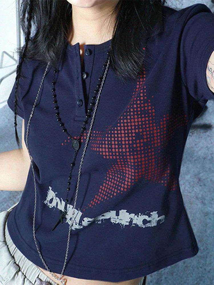 Haut court à manches courtes et col rond pour femmes, T-shirt graphique, Streetwear à motif d'étoile