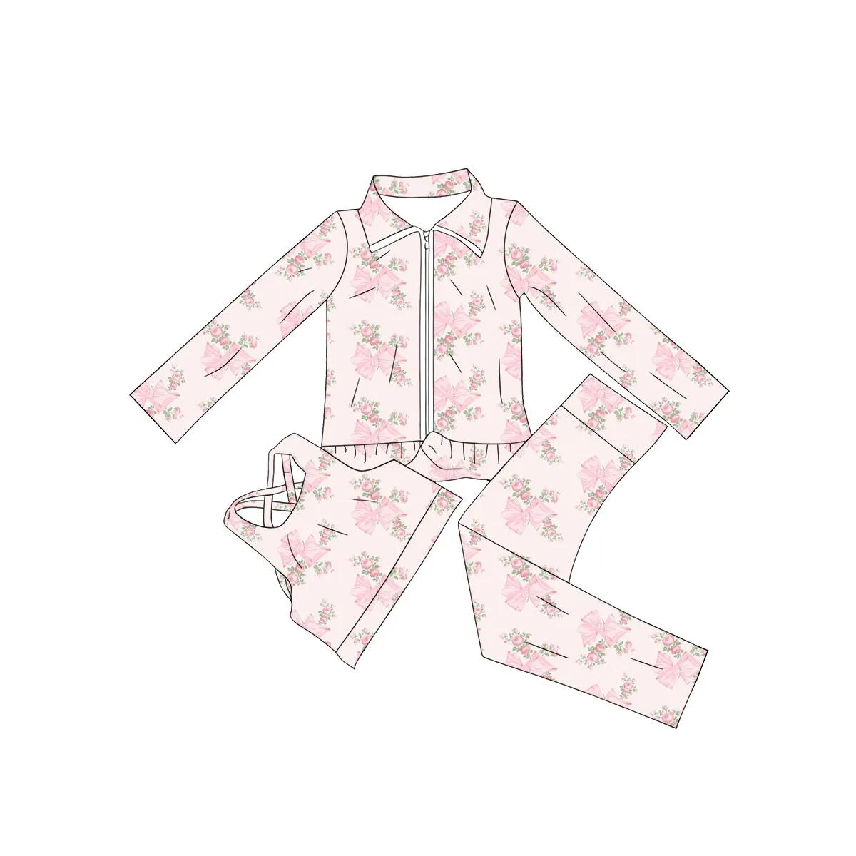 Vente chaude enfants vêtements pétoncle école fille deux pièces vêtements à volants arc Boutique fil