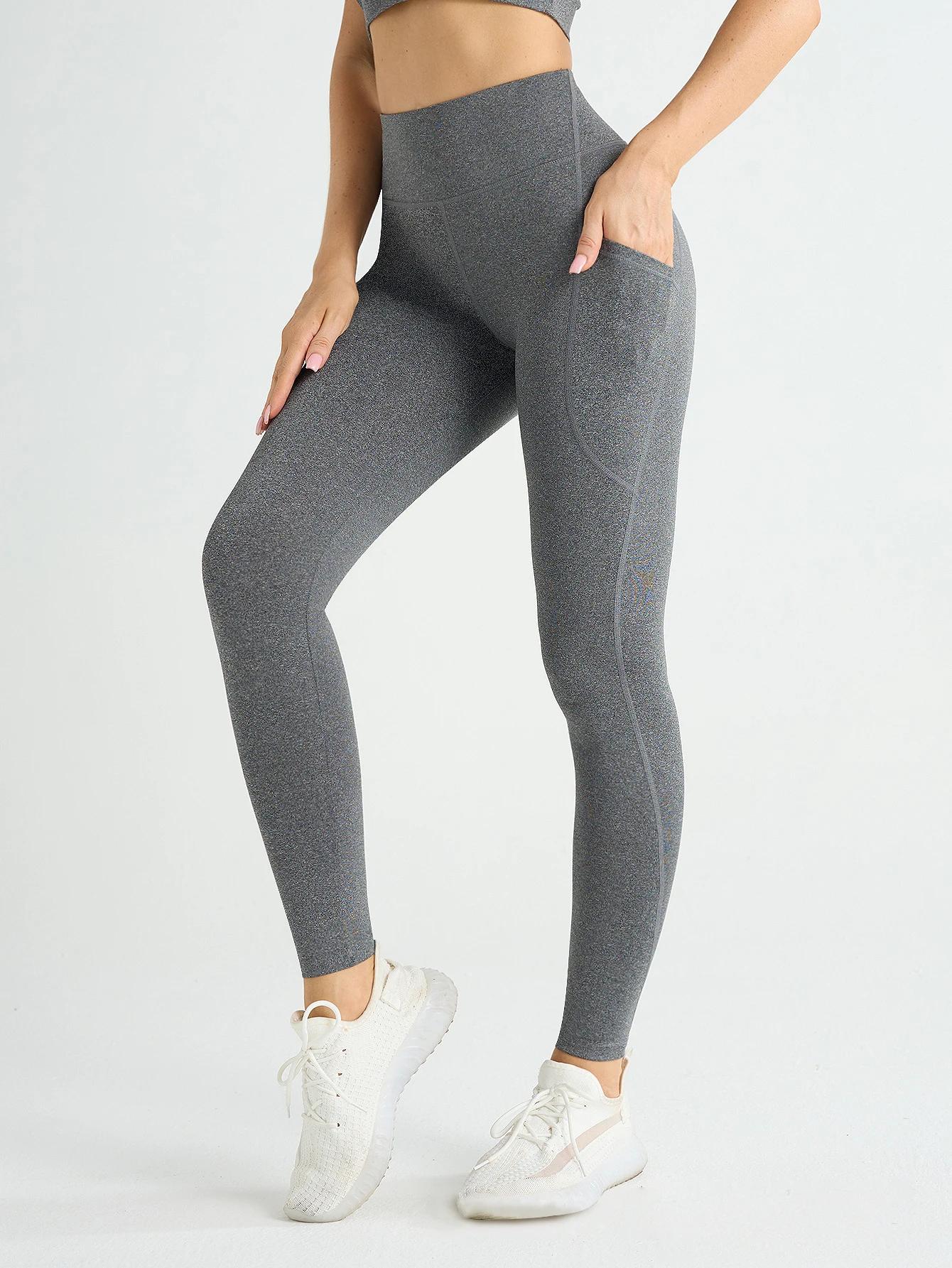Leggings à poches latérales de couleur unie pour femmes, vêtements de sport taille haute, pantalons 