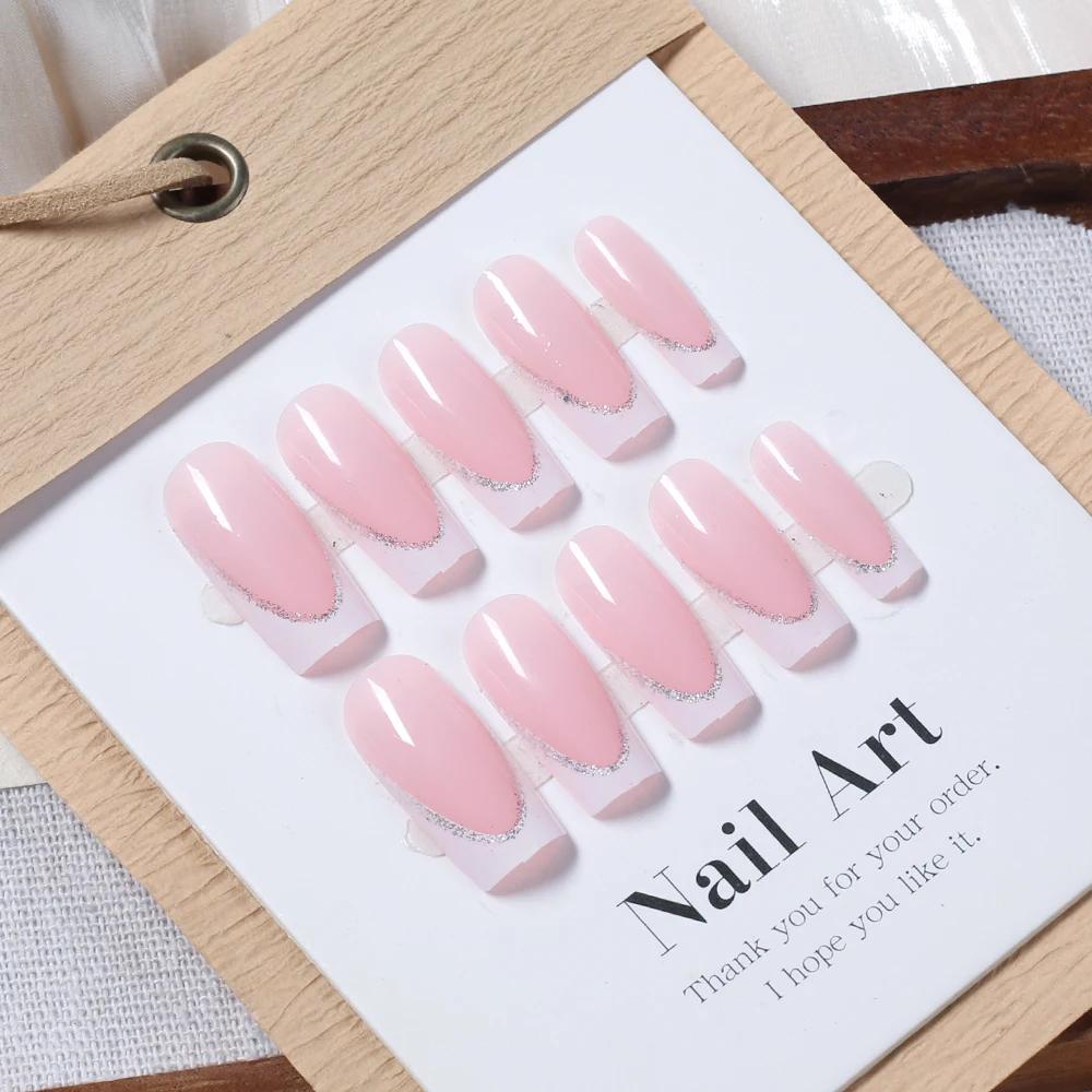 Faux ongles cercueil carrés courts, 24 pièces, à paillettes françaises, portables, couverture complè