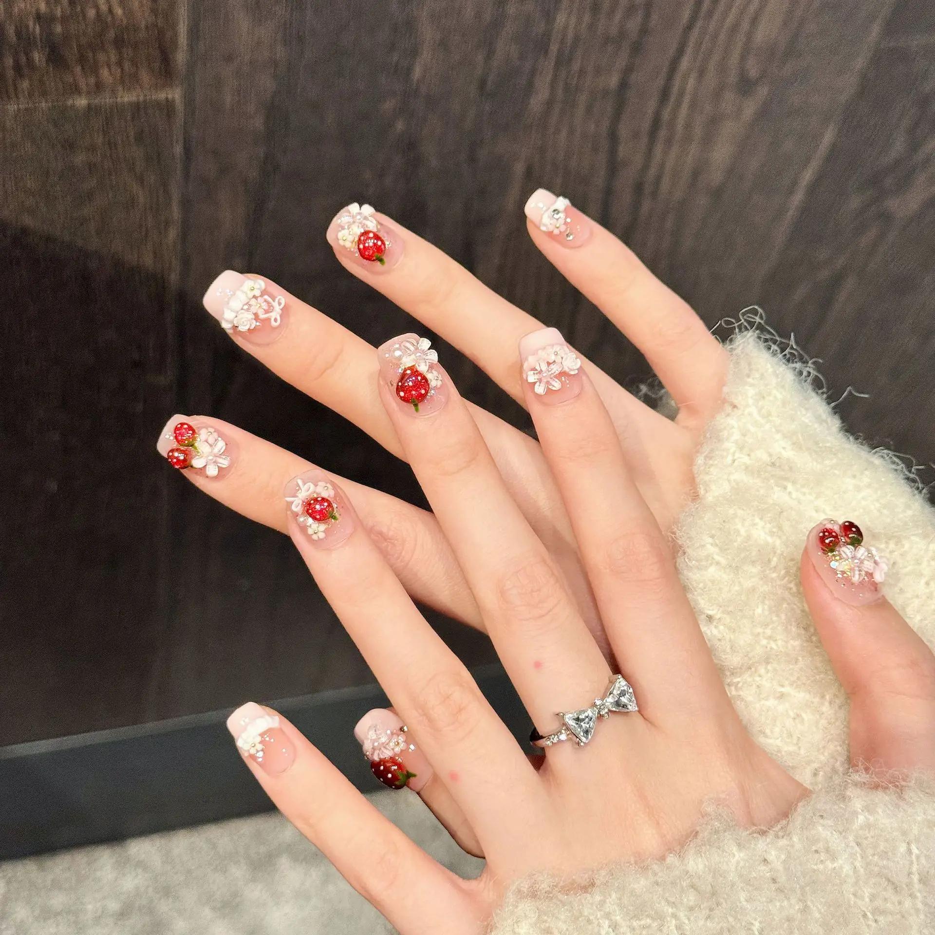 10 pièces mignon rouge fraise presse sur ongles rose nœuds papillon fleur perle décor français à la 