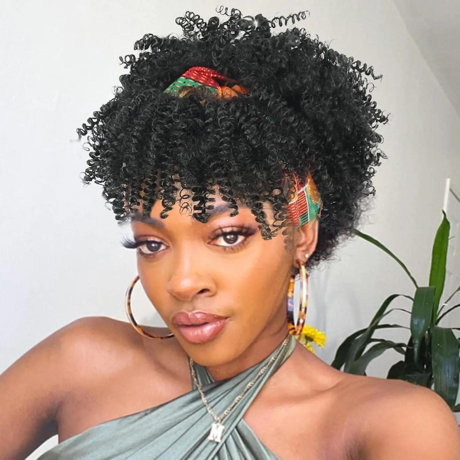 Perruque de cheveux bouclés pour femmes noires avec foulard et pompon, perruque enveloppée 2 en 1, p