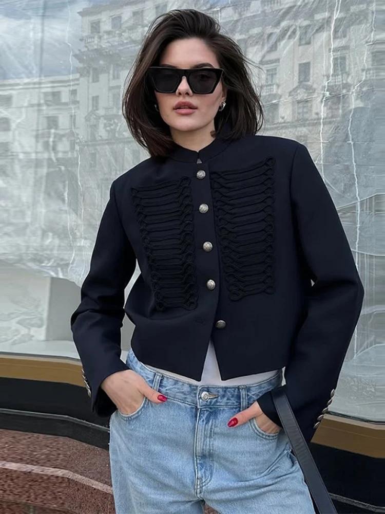 Veste Vintage Femme Col Montant Simple Boutonnage Manches Longues Style Napoléon Manteau Chic Haut d