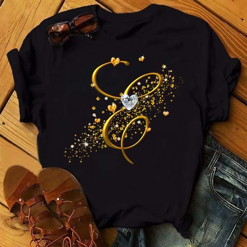 T-shirt à manches courtes personnalisé pour femme, lettre de nom BLOFashion, police de lettre d'or d