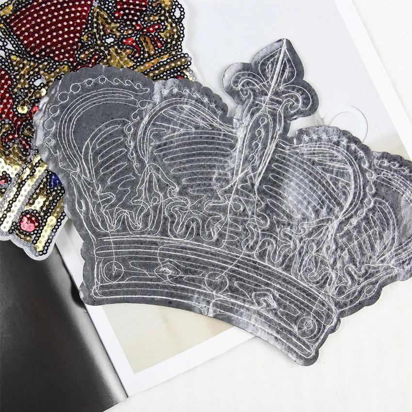 Patchs thermocollants en forme de couronne de reine, avec sequins dorés, grande taille, pour T-shirt