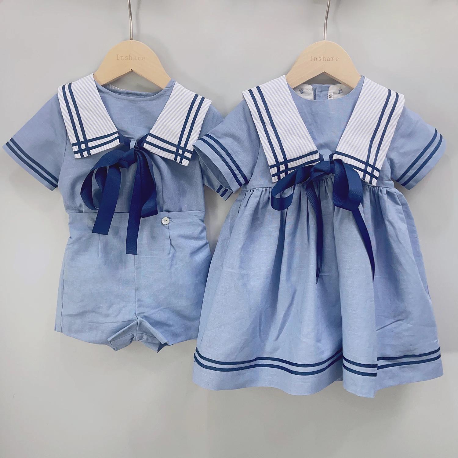 Costume de marin pour garçons et filles, uniforme court bleu marine, ensemble de cravates rayées, ro